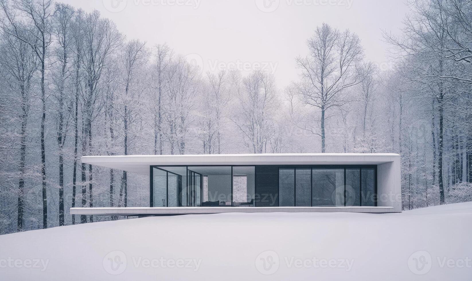 A white house with a black roof sits in a snowy field photo