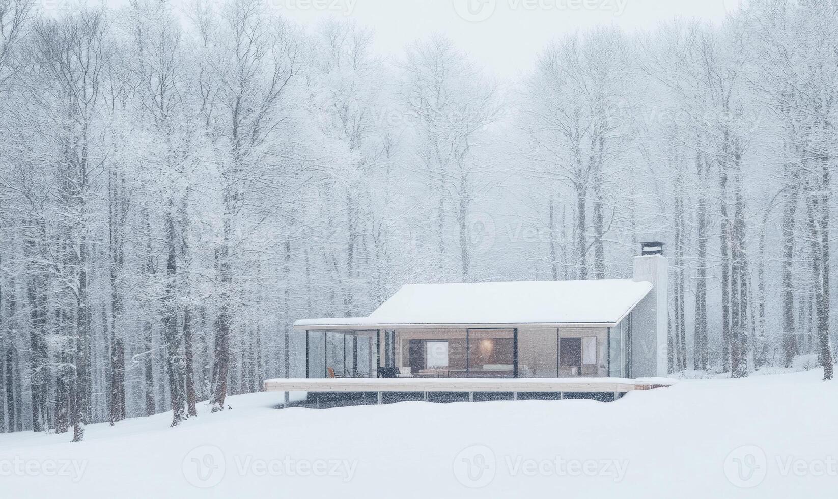 A small house with a porch is covered in snow photo