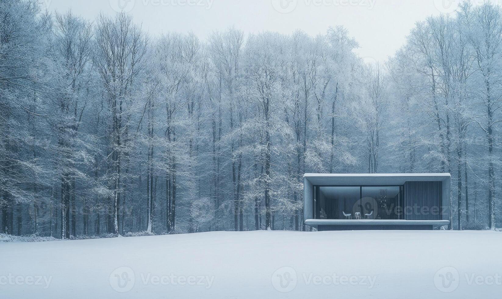 A small house is surrounded by trees covered in snow photo
