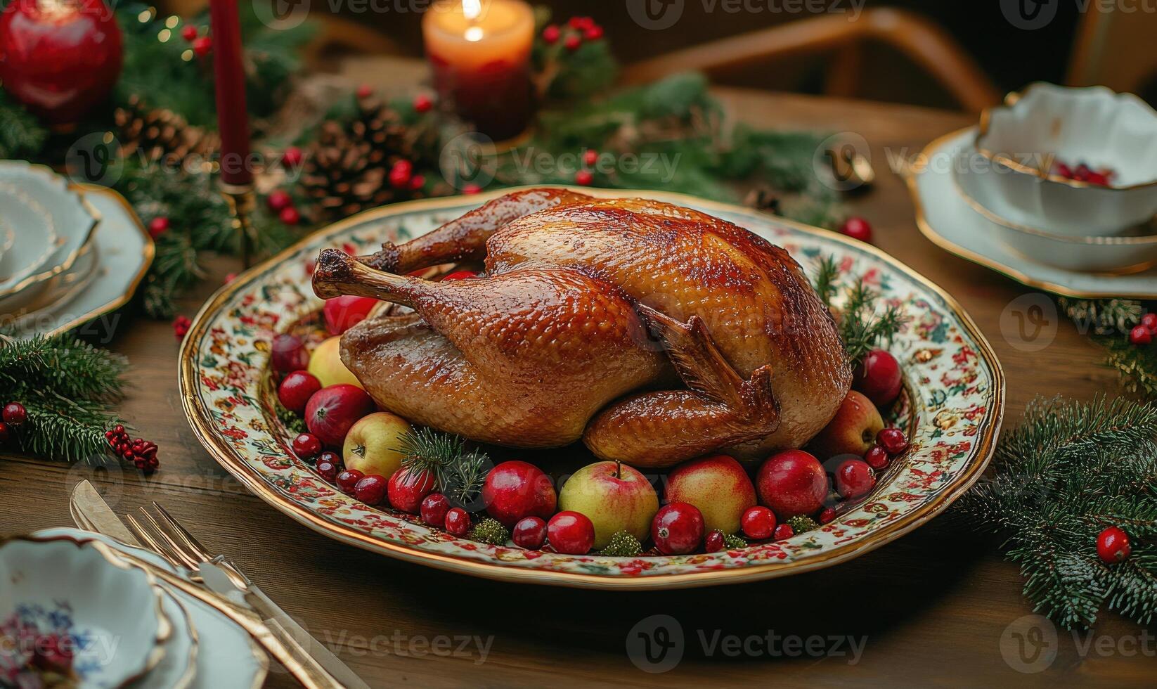 A large turkey is sitting on a plate with apples and berries photo