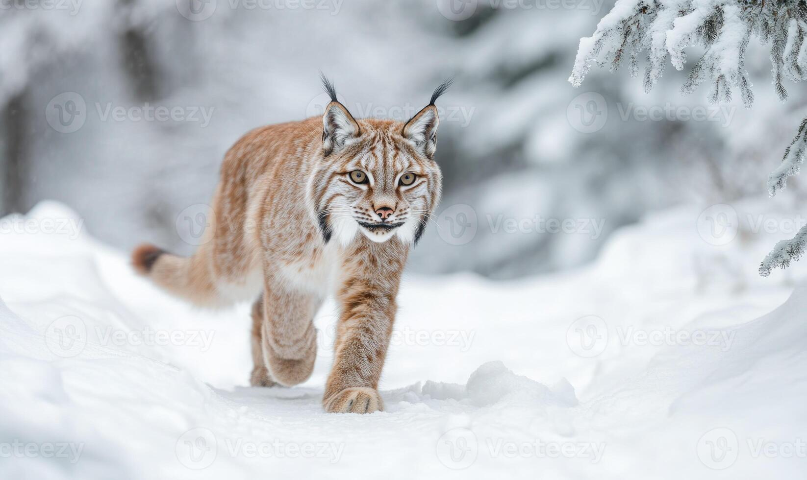 A brown and white cat is walking through the snow photo