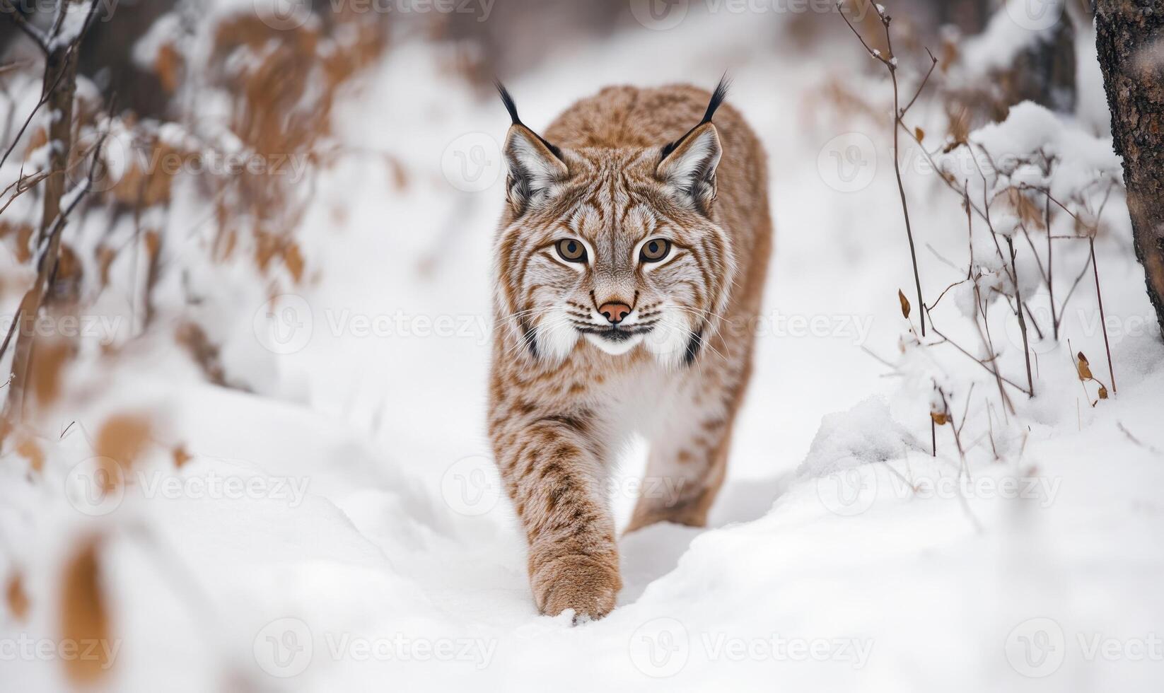 A small brown cat is walking through the snow photo