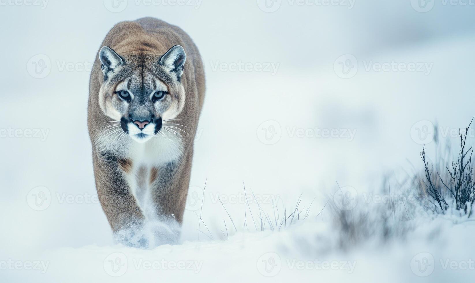 A large brown and white cat is walking through the snow photo