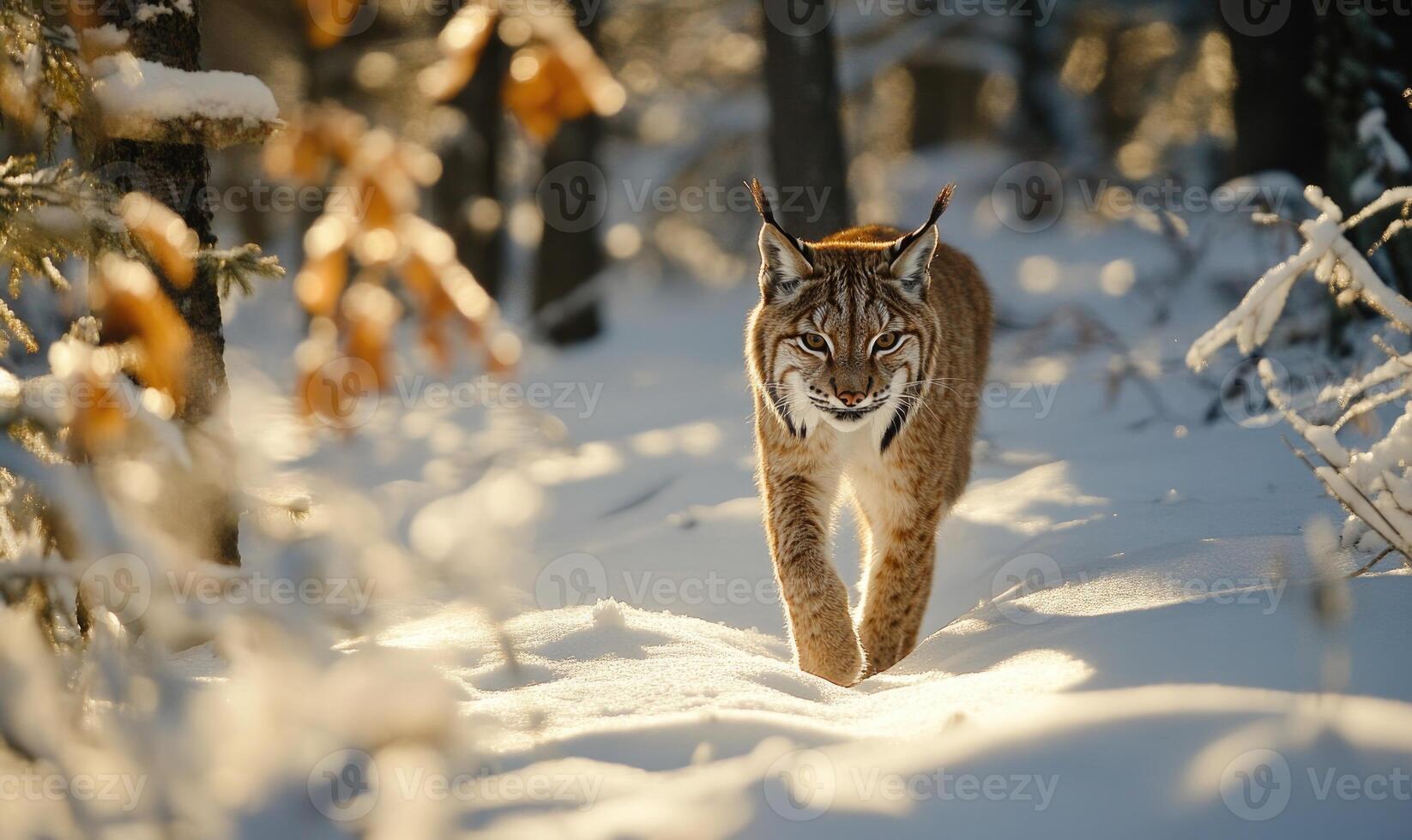 A cat is walking through the snow in a forest photo