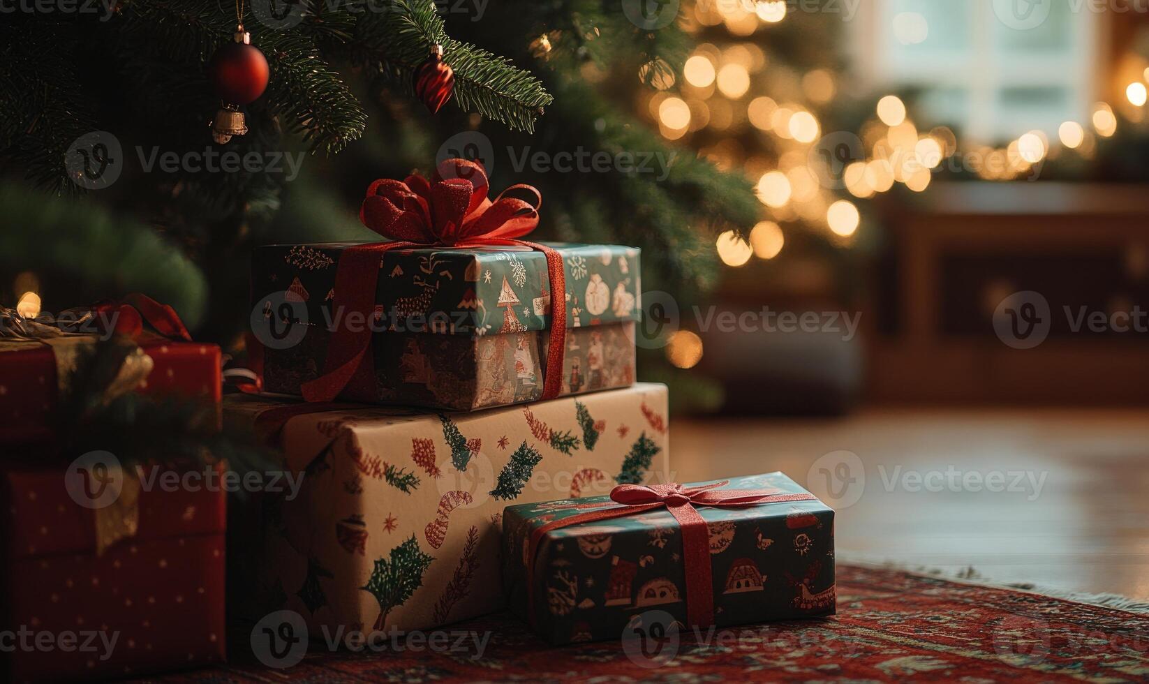 A stack of presents is sitting on a rug in front of a Christmas tree photo