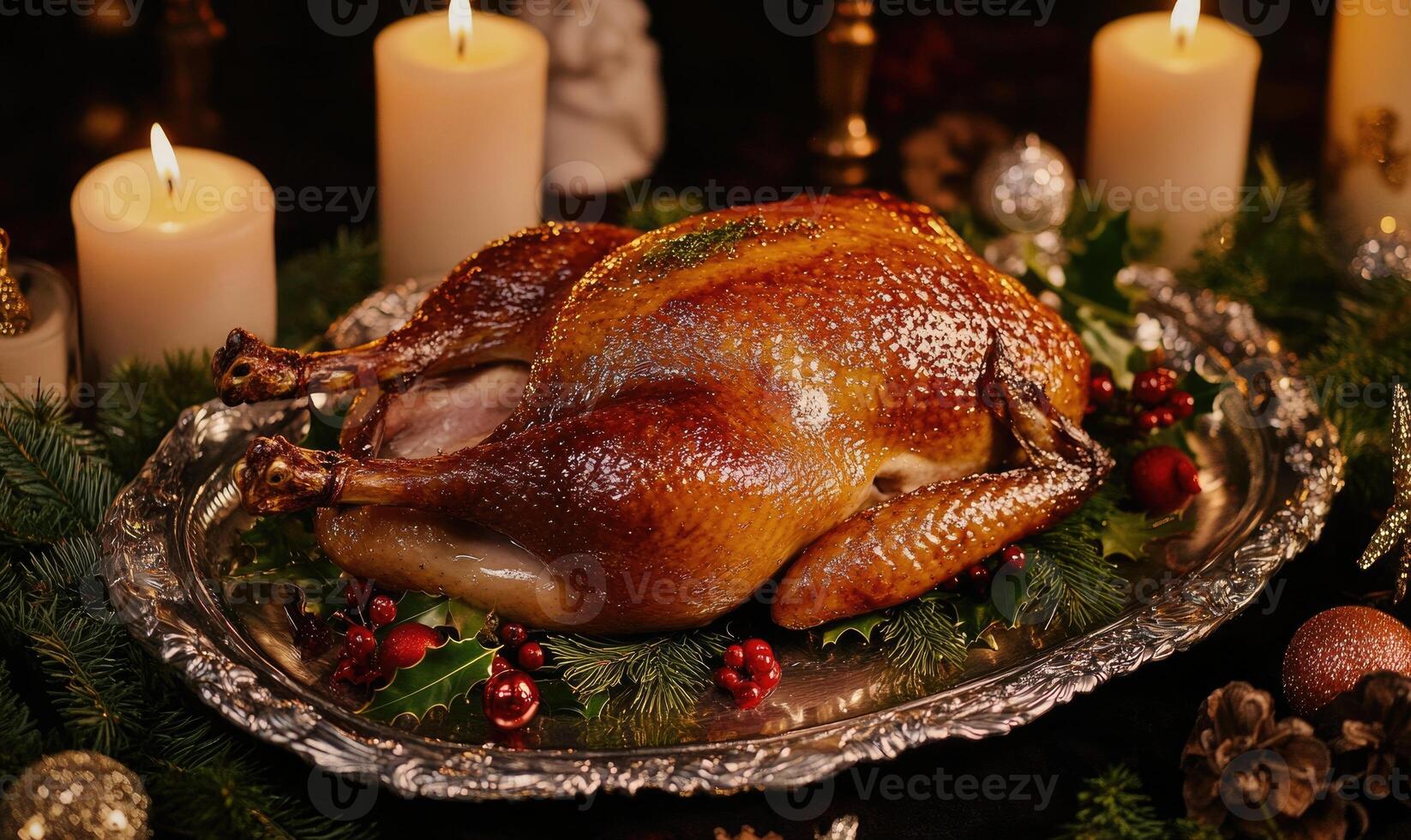 The turkey is surrounded by candles, which add to the warm photo