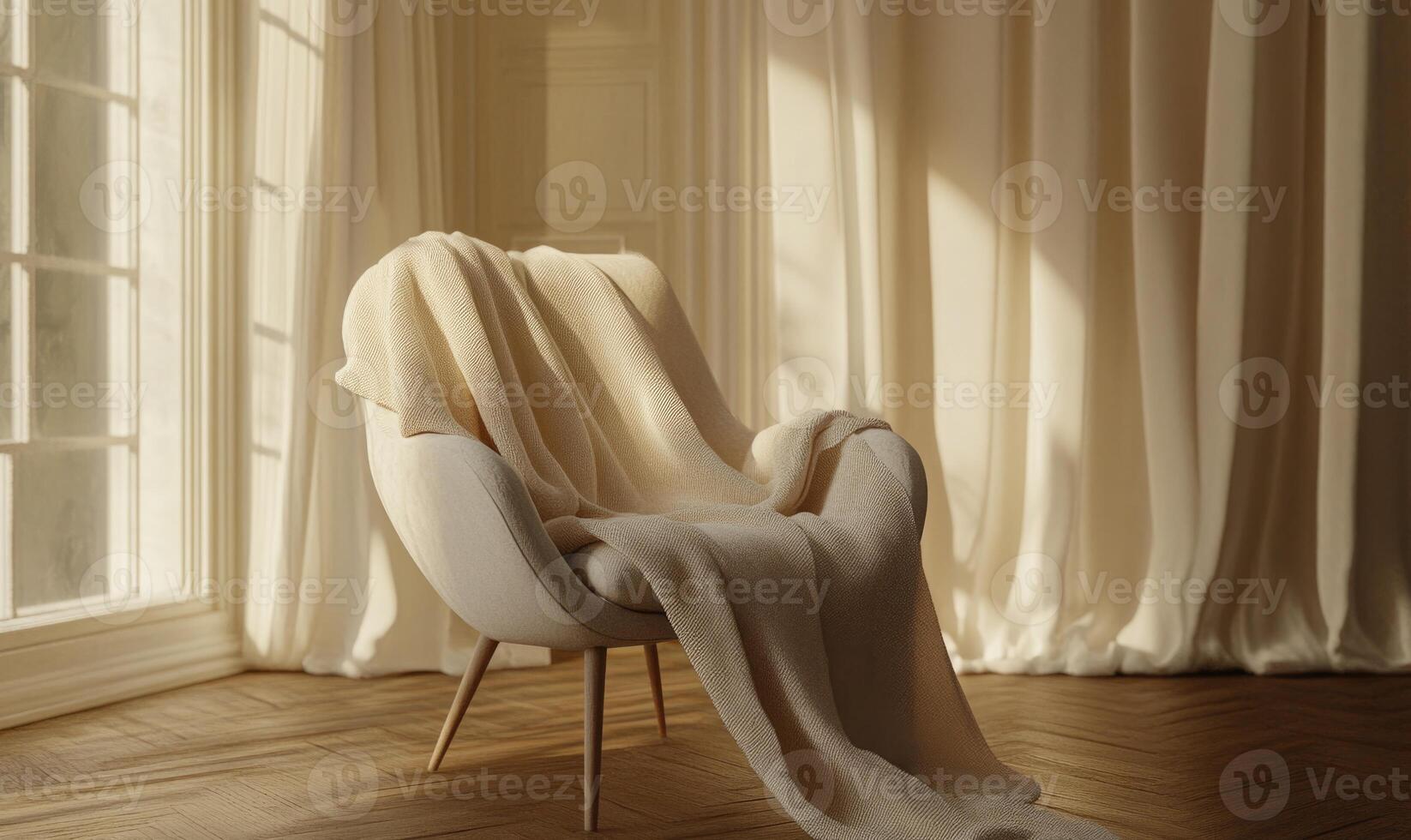 A chair with a white blanket draped over it sits in a room with white curtains photo