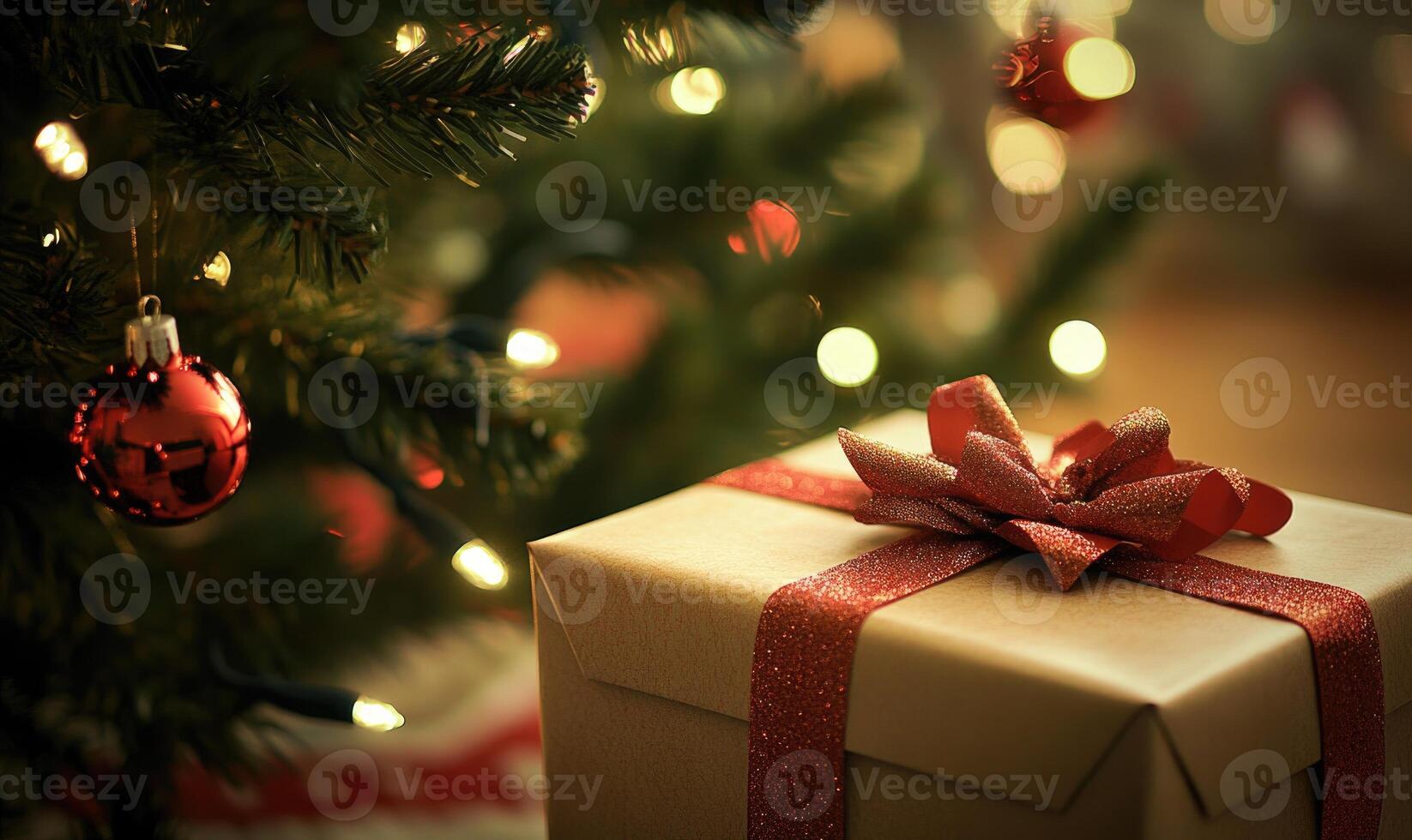 A large brown box with a red ribbon sits on a table next to a Christmas tree photo