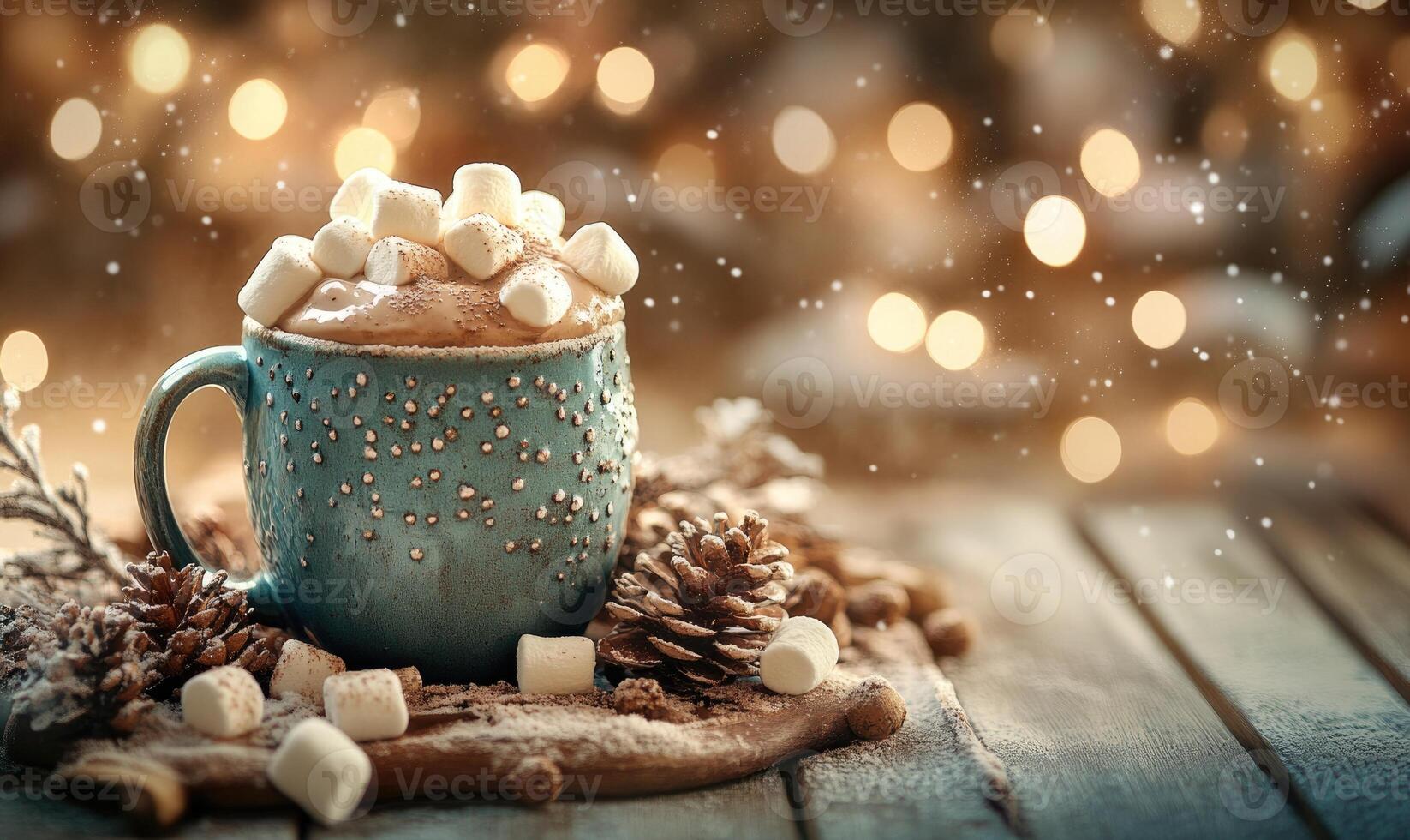 A blue mug filled with marshmallows and a pine cone on a wooden table photo