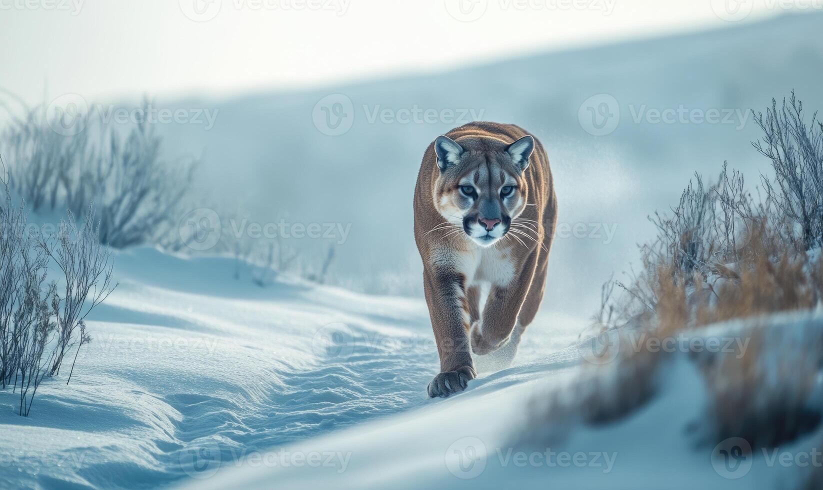 A large brown cat is walking through the snow photo