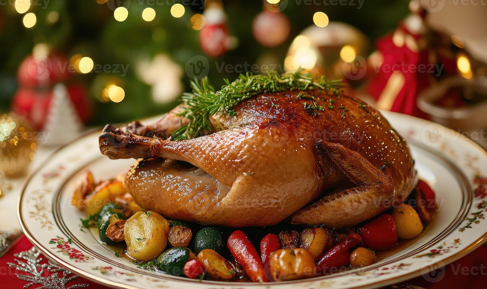 A large roasted turkey with a variety of vegetables on top of it photo
