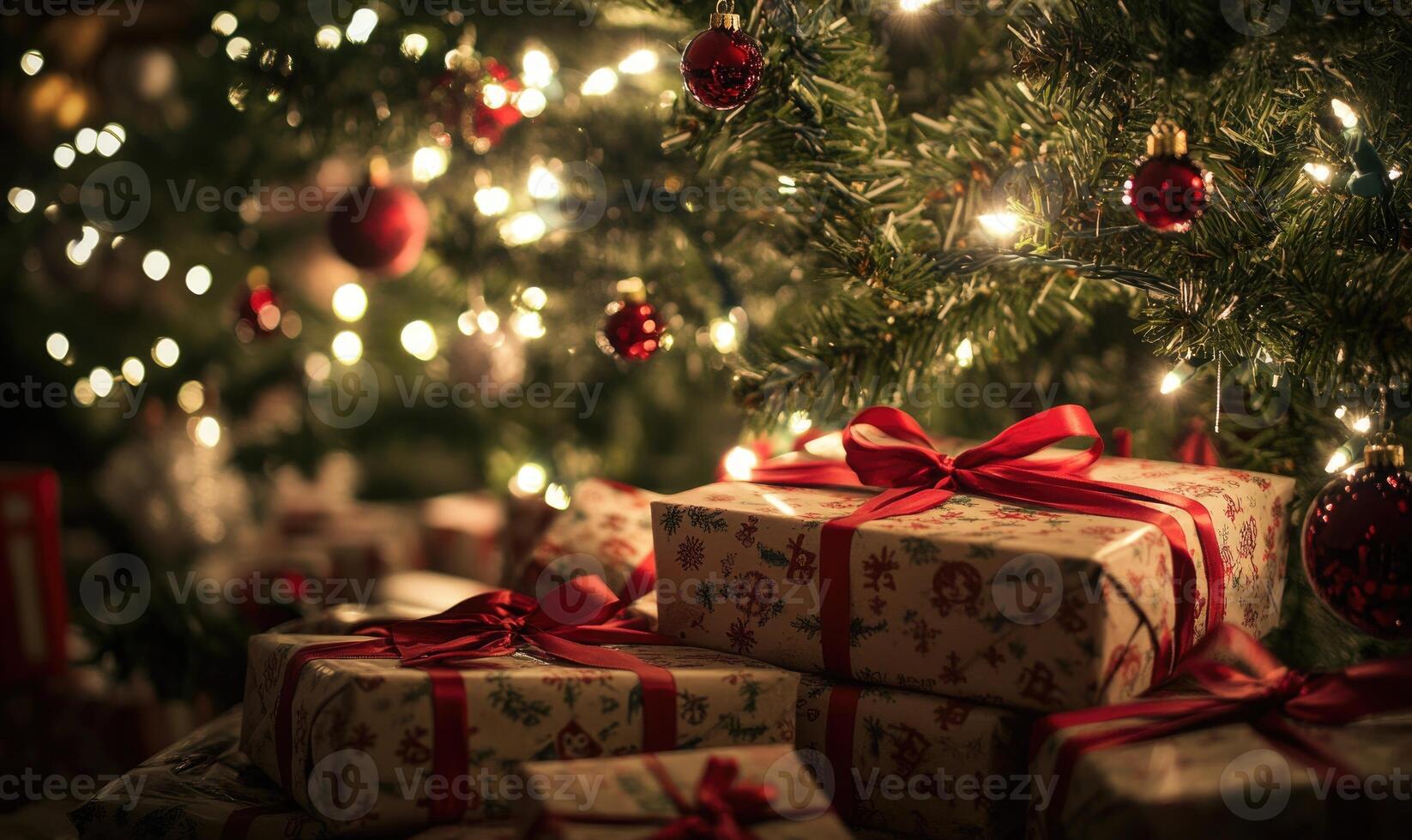 A Christmas tree with many red and gold ornaments and a red ribbon photo