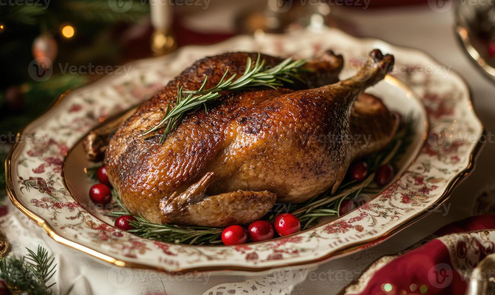 A roasted chicken with rosemary and cranberries on top of a white plate photo