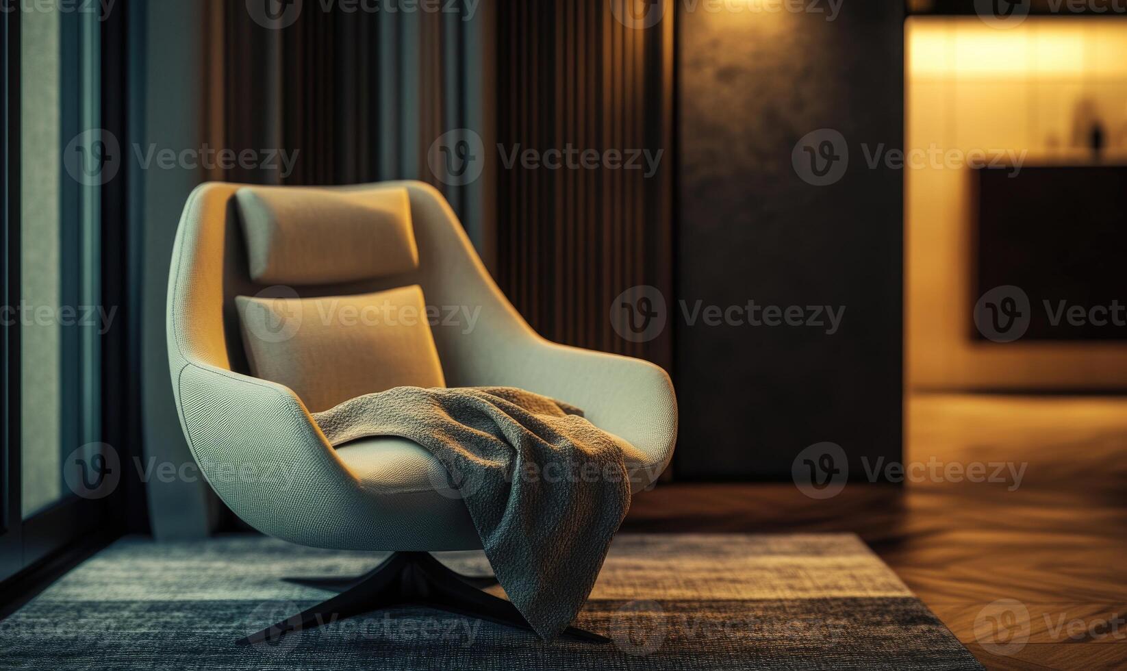 A chair in front of a window with a lamp photo