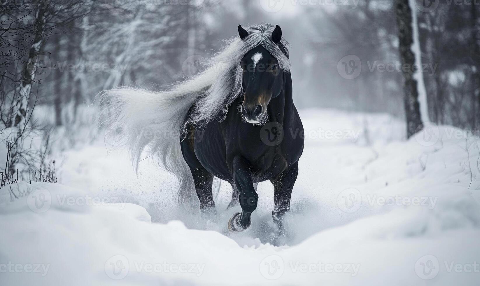 A black horse with white mane and tail runs through the snow photo