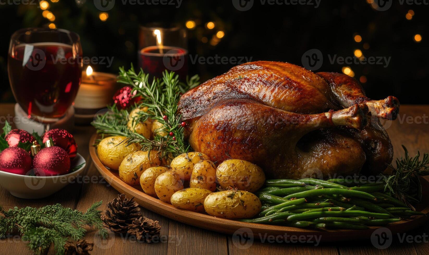 A large roasted turkey is surrounded by a variety of vegetables photo
