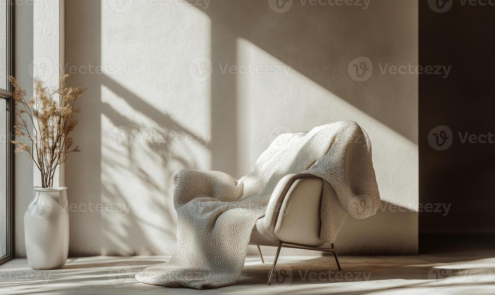 A white chair with a blanket draped over it is sitting in a room with a window photo