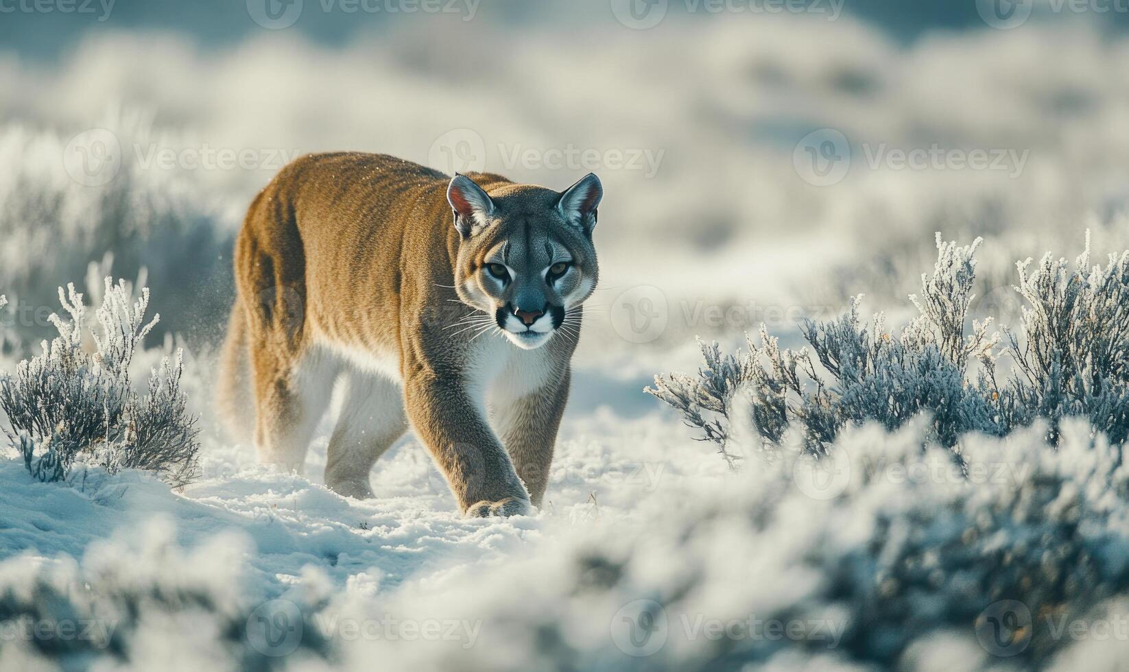 A large brown cat is walking through the snow photo