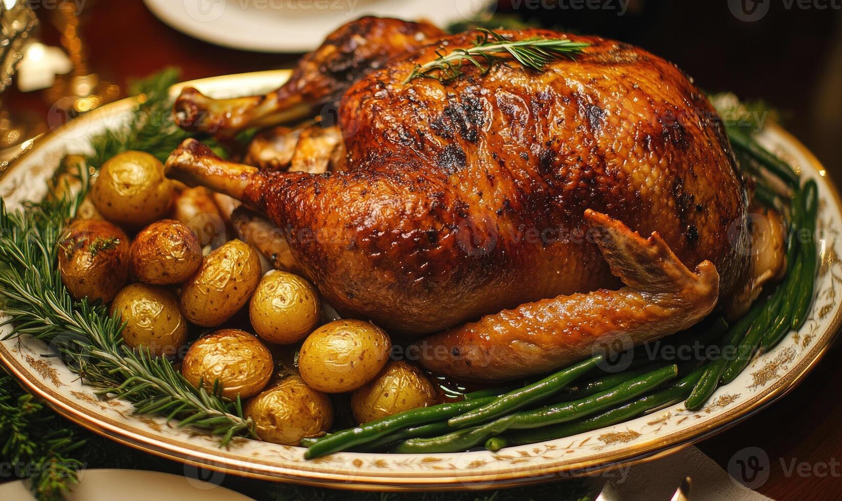 A large roasted turkey with potatoes and green beans on a white plate photo