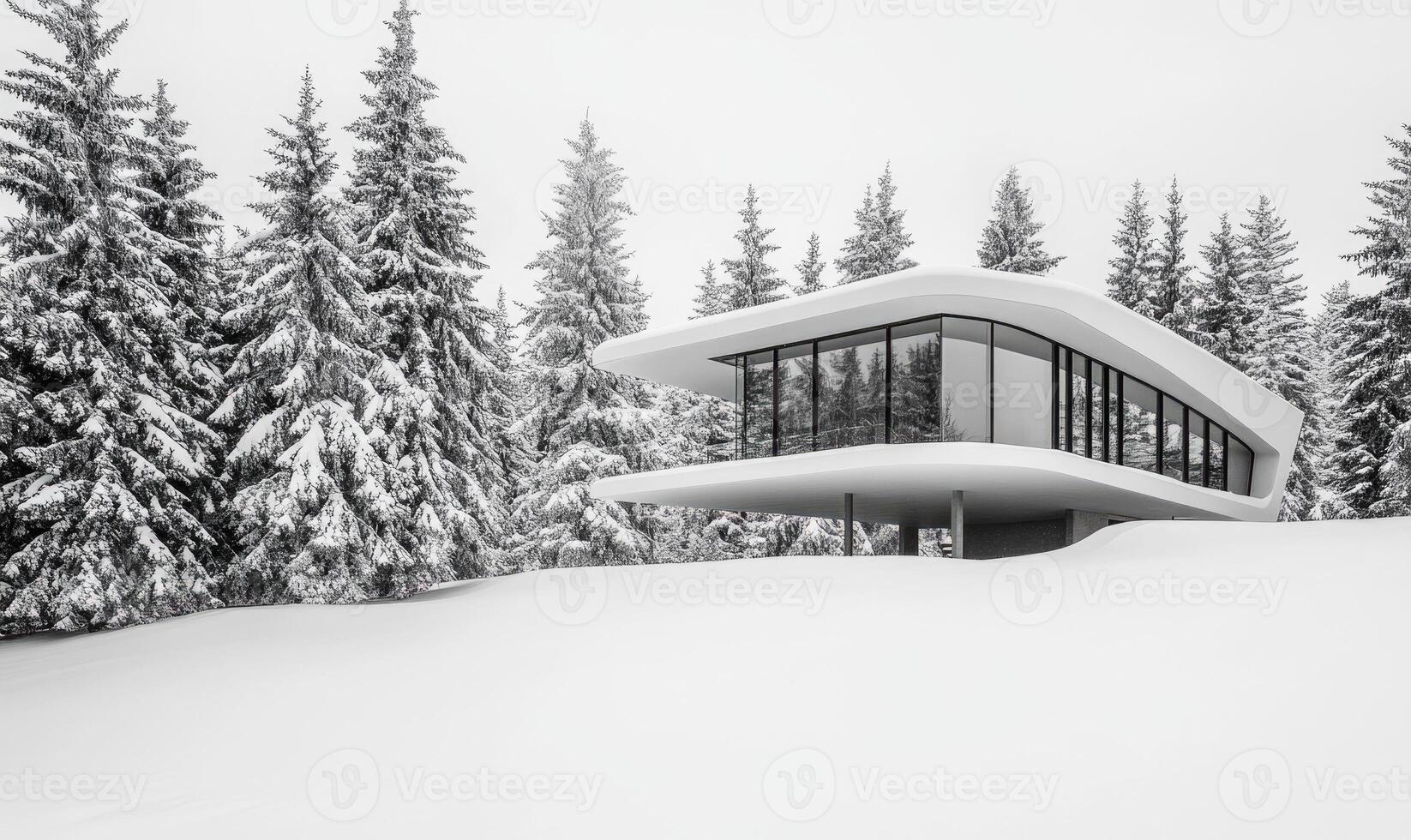 A white house with a large window sits on a snowy hill photo