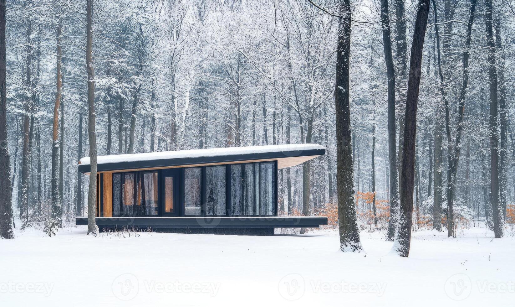 A small cabin is surrounded by trees and snow photo