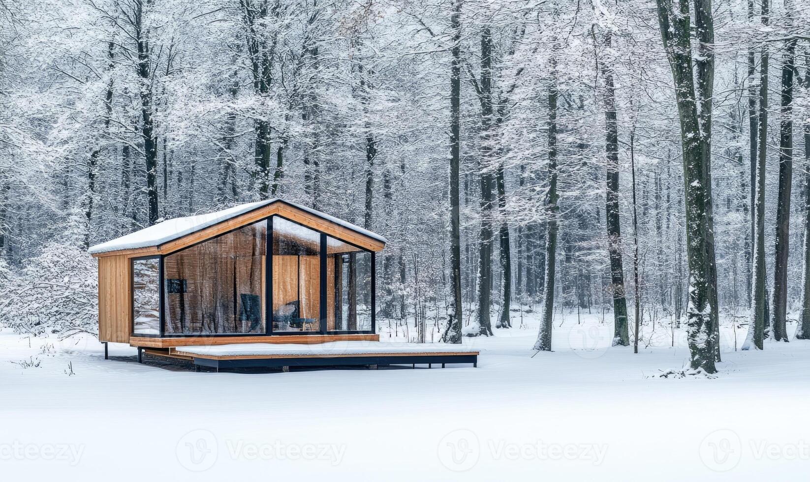 A small cabin in the woods with a glass roof photo