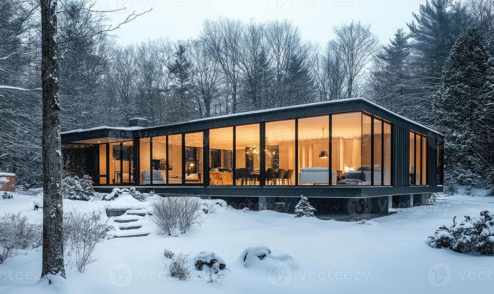 A large house with a lot of glass windows and a large living room photo