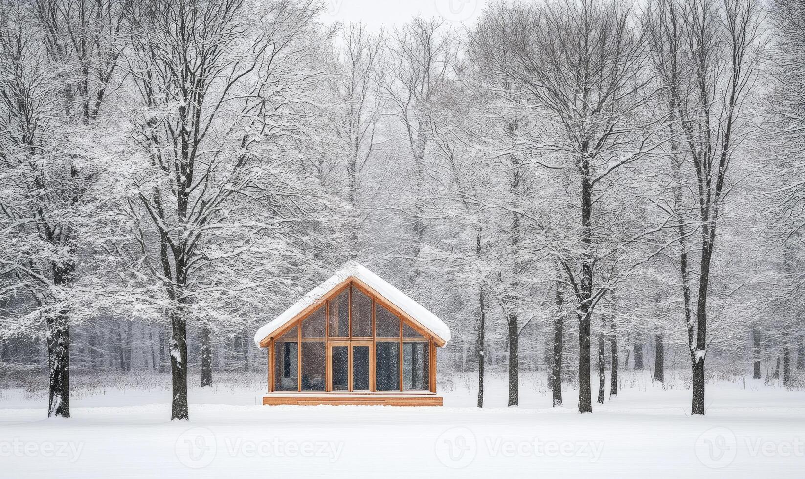 A small cabin is surrounded by trees covered in snow photo