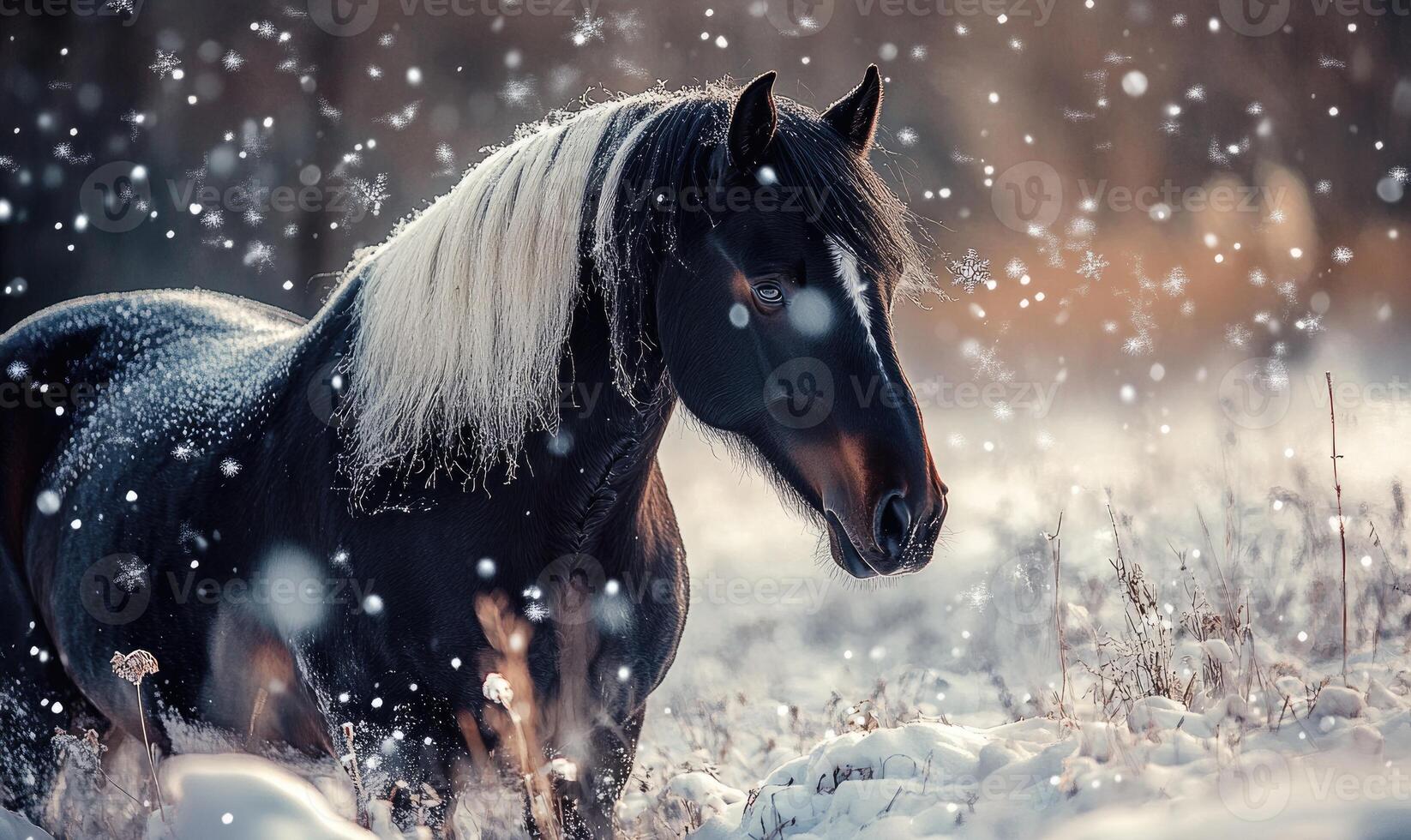 A horse is standing in the snow with its head down photo