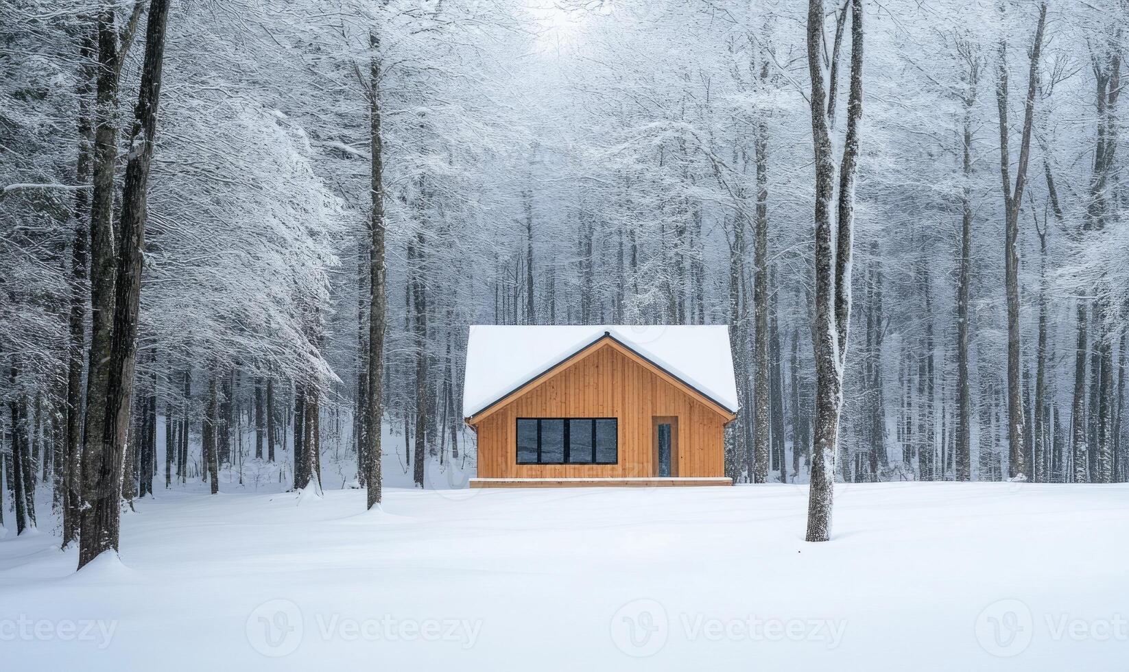 A small cabin in the woods is covered in snow photo