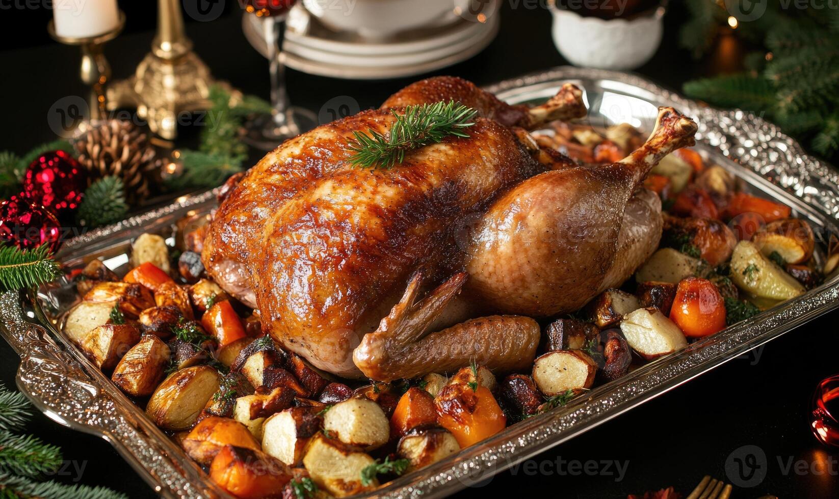 A large turkey is surrounded by a variety of vegetables photo