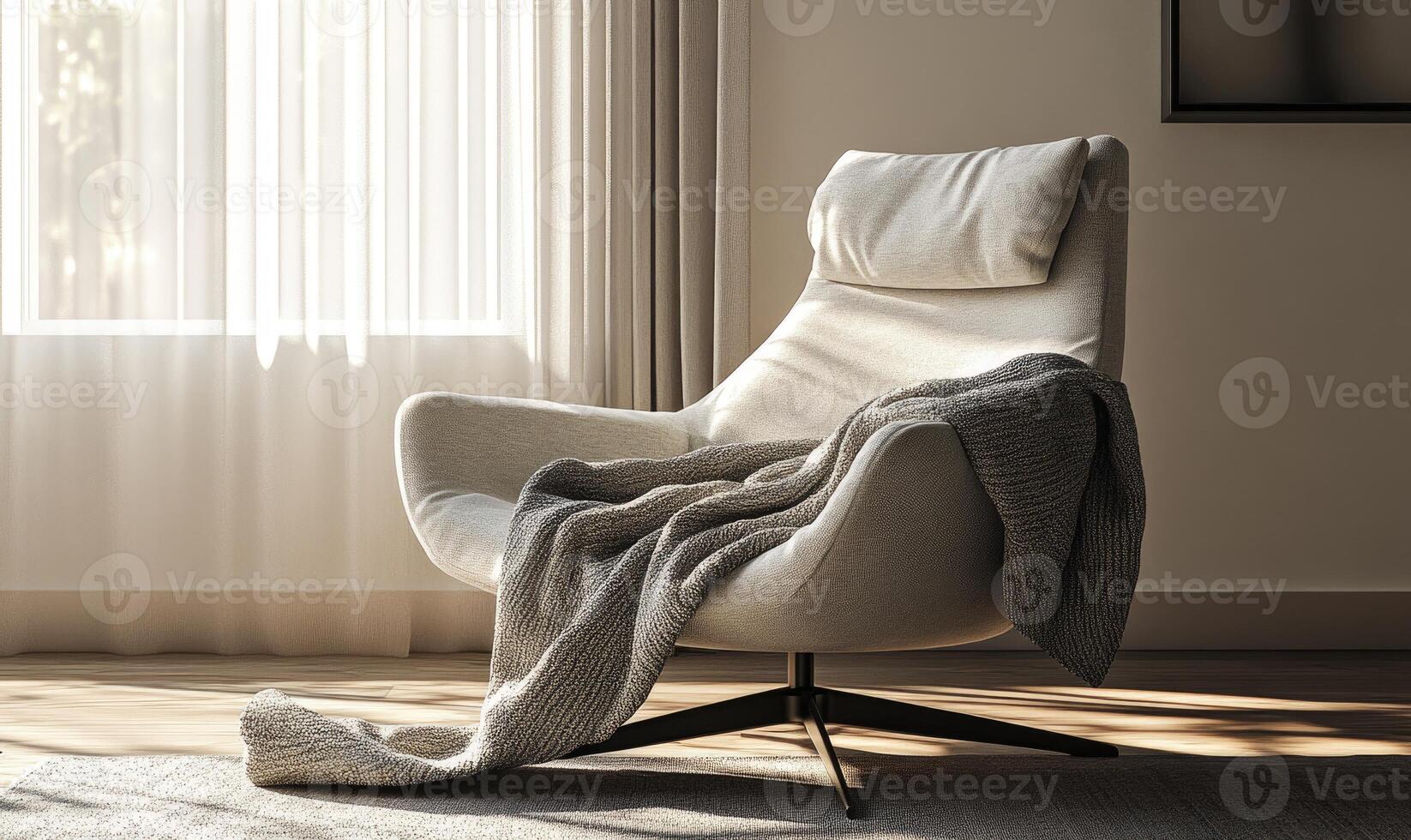 A white chair with a blanket draped over it photo