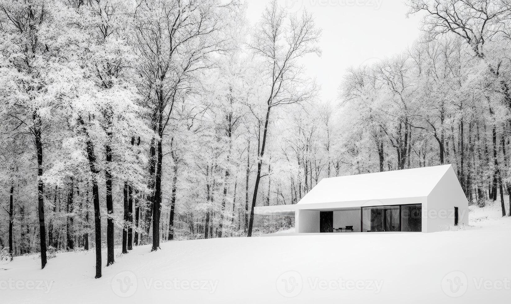 A white house sits in a snowy field with trees in the background photo