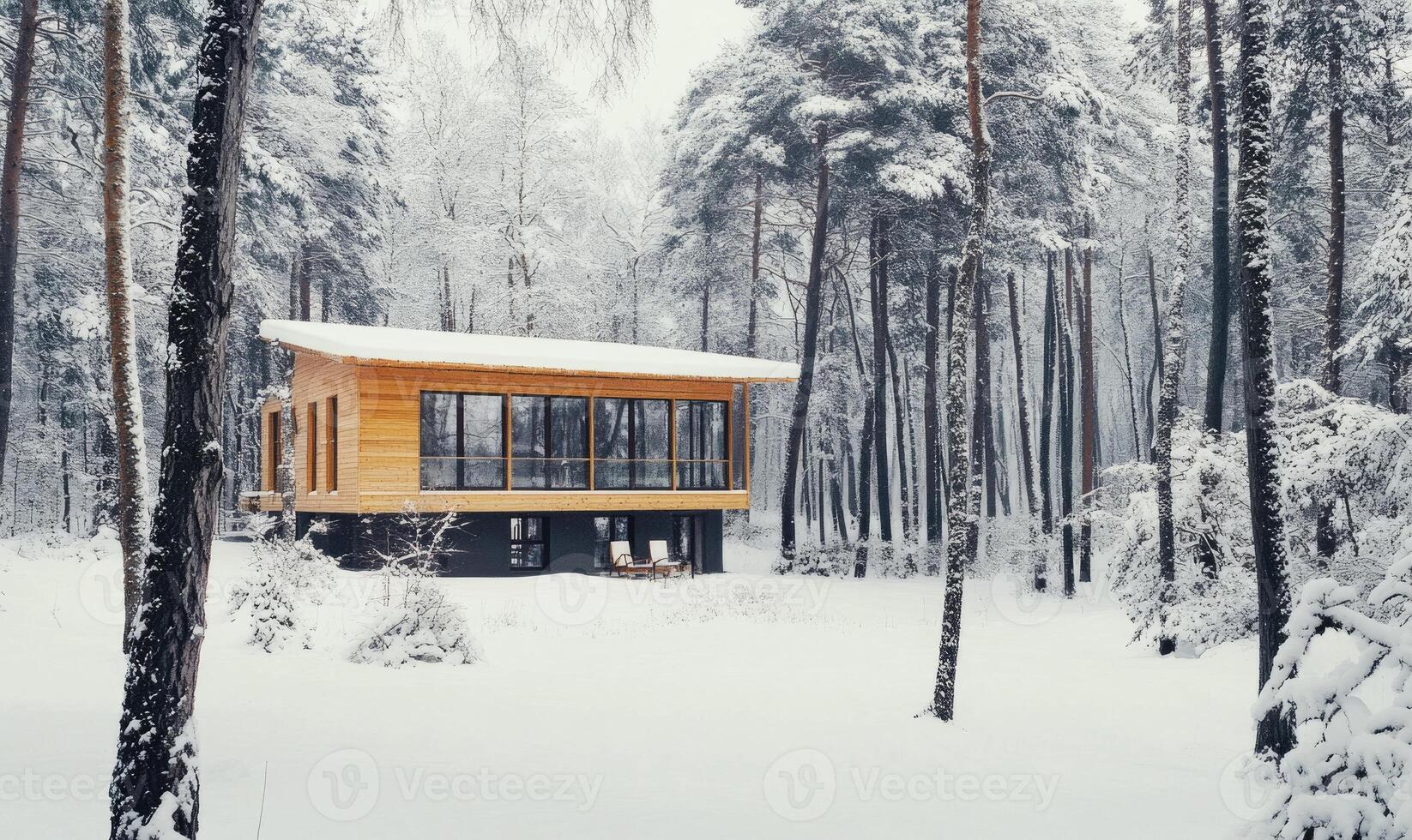 A small cabin in the middle of a snowy forest photo