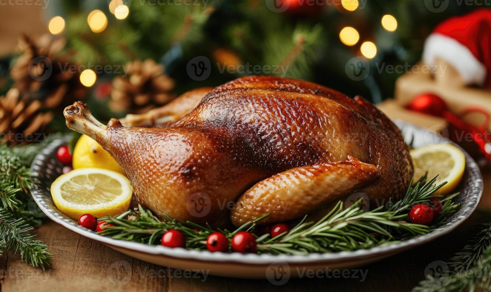 A large roasted turkey is on a plate with lemon slices and berries photo