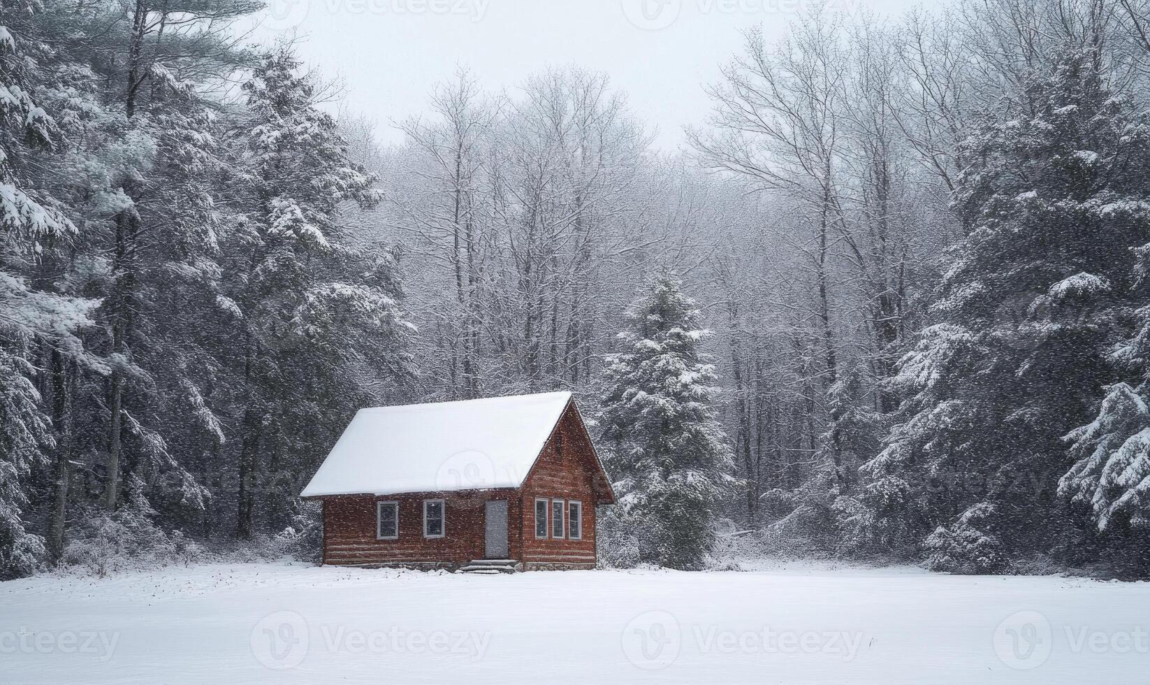 A small cabin is covered in snow and sits in a field photo