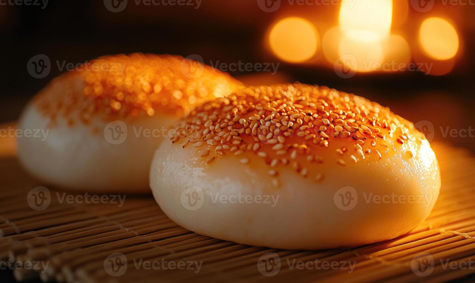 Two small round pastries with sesame seeds on top photo