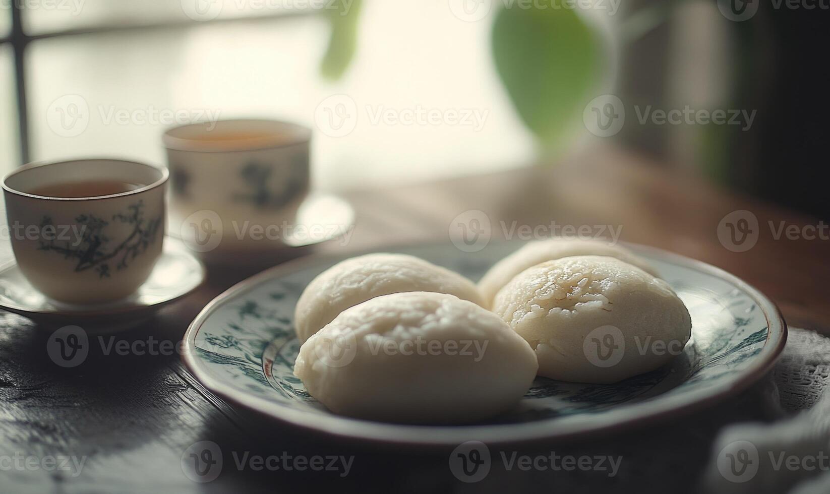 A plate of four white pastries sits on a wooden table next to two cups photo