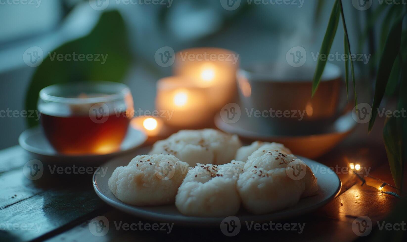 A plate of rice cakes is on a table next to a cup of tea photo