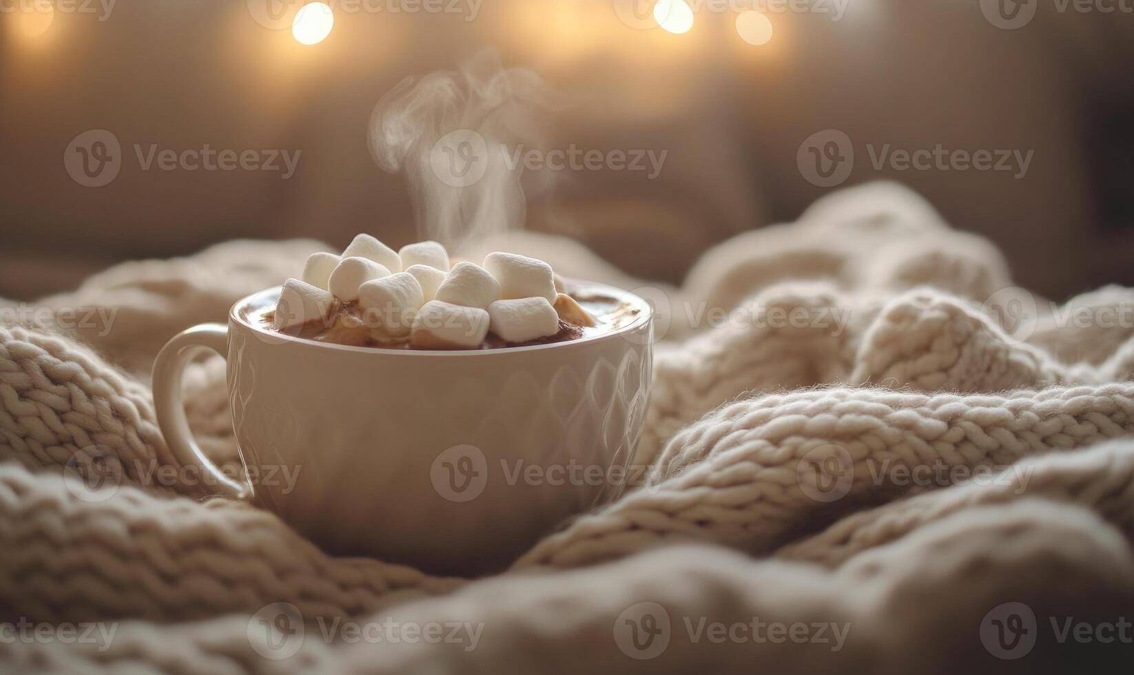 A white mug with marshmallows in it sits on a blanket photo