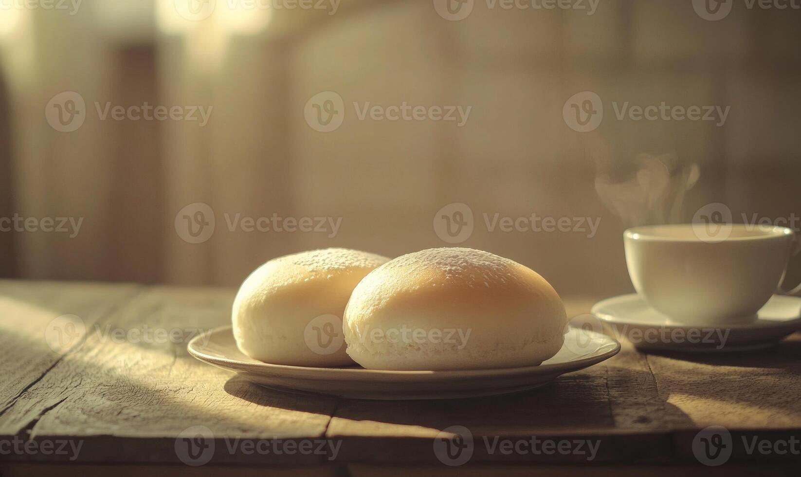 Two donuts on a plate next to a cup of coffee photo