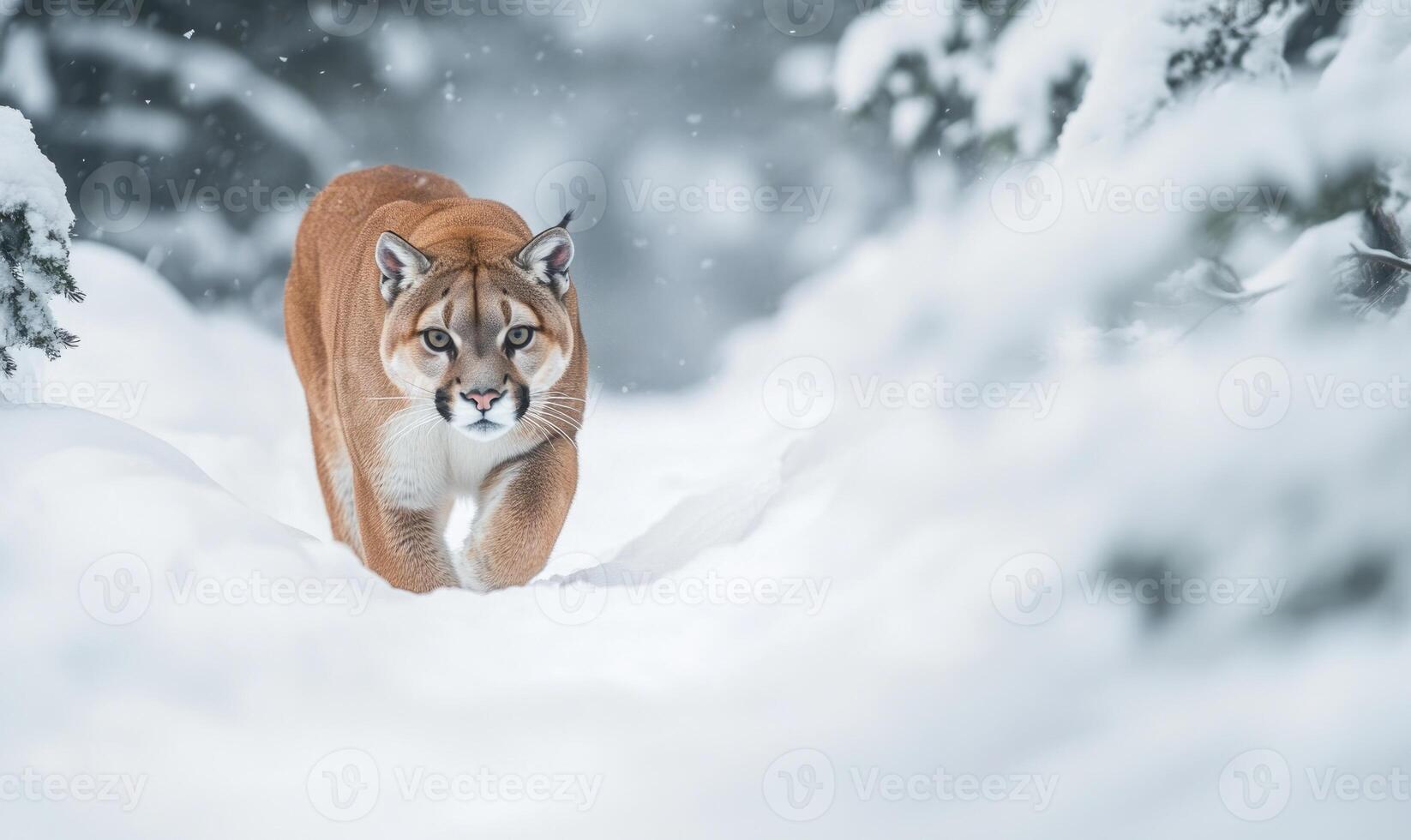 A brown and white cat is walking through the snow photo
