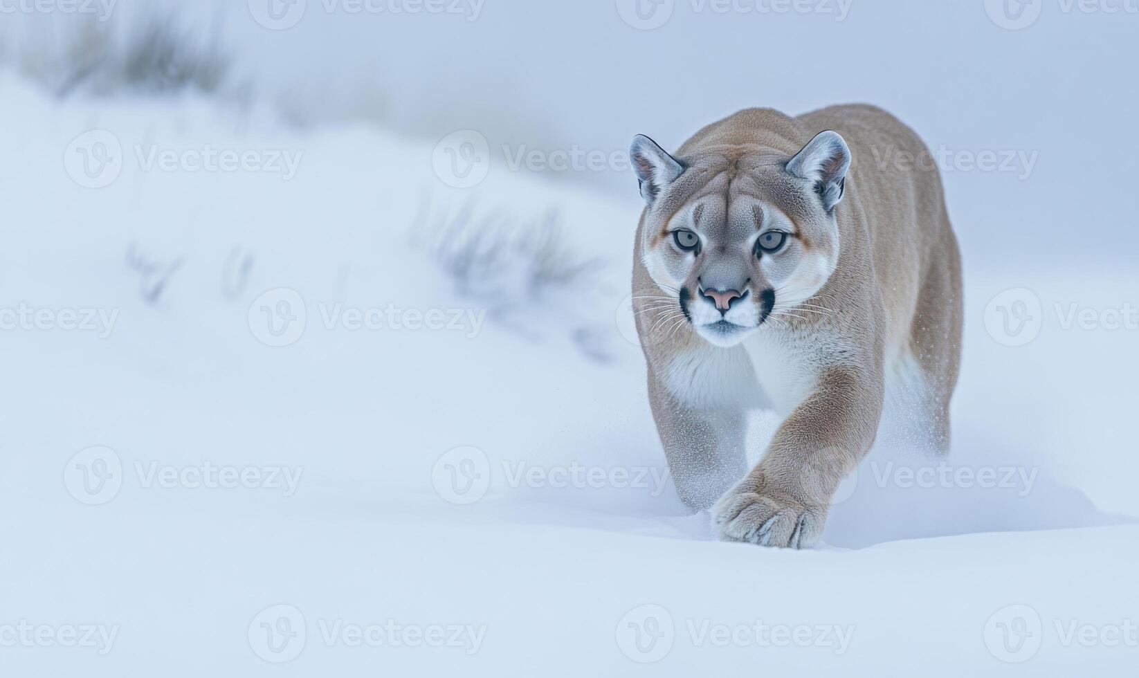 A large brown cat is walking through the snow photo