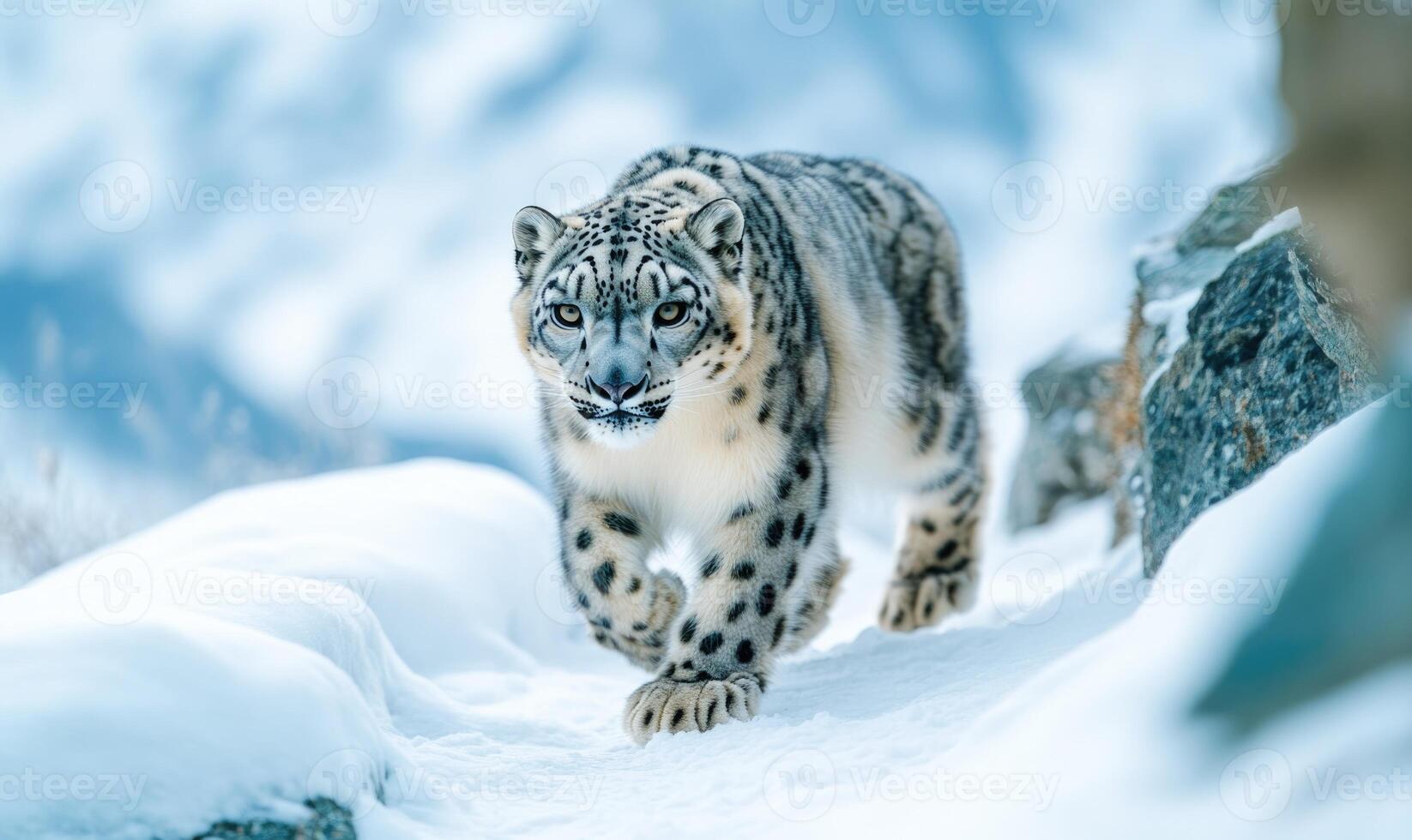 A snow leopard is walking through the snow photo