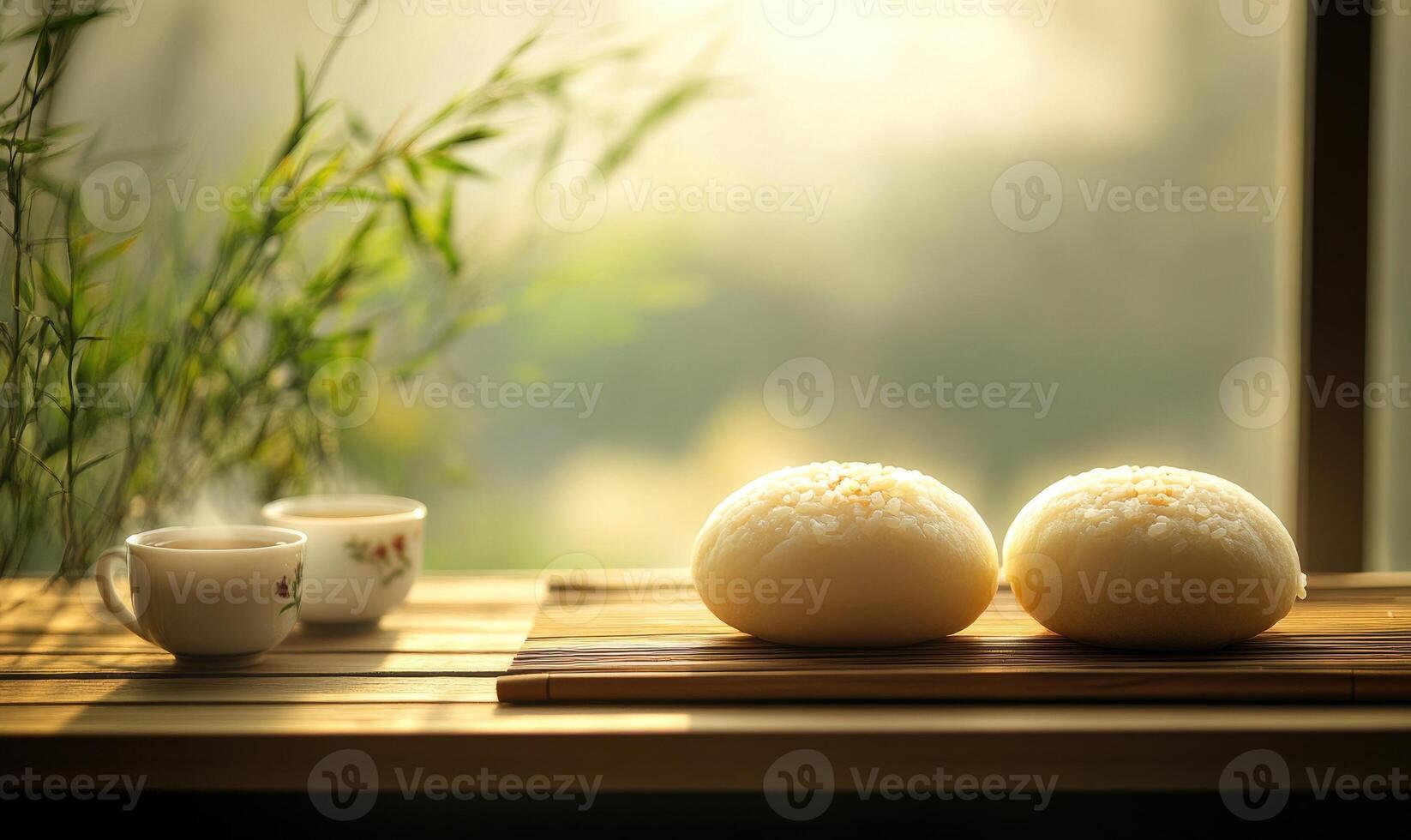 Two rolls of bread sit on a wooden table next to two cups of tea photo