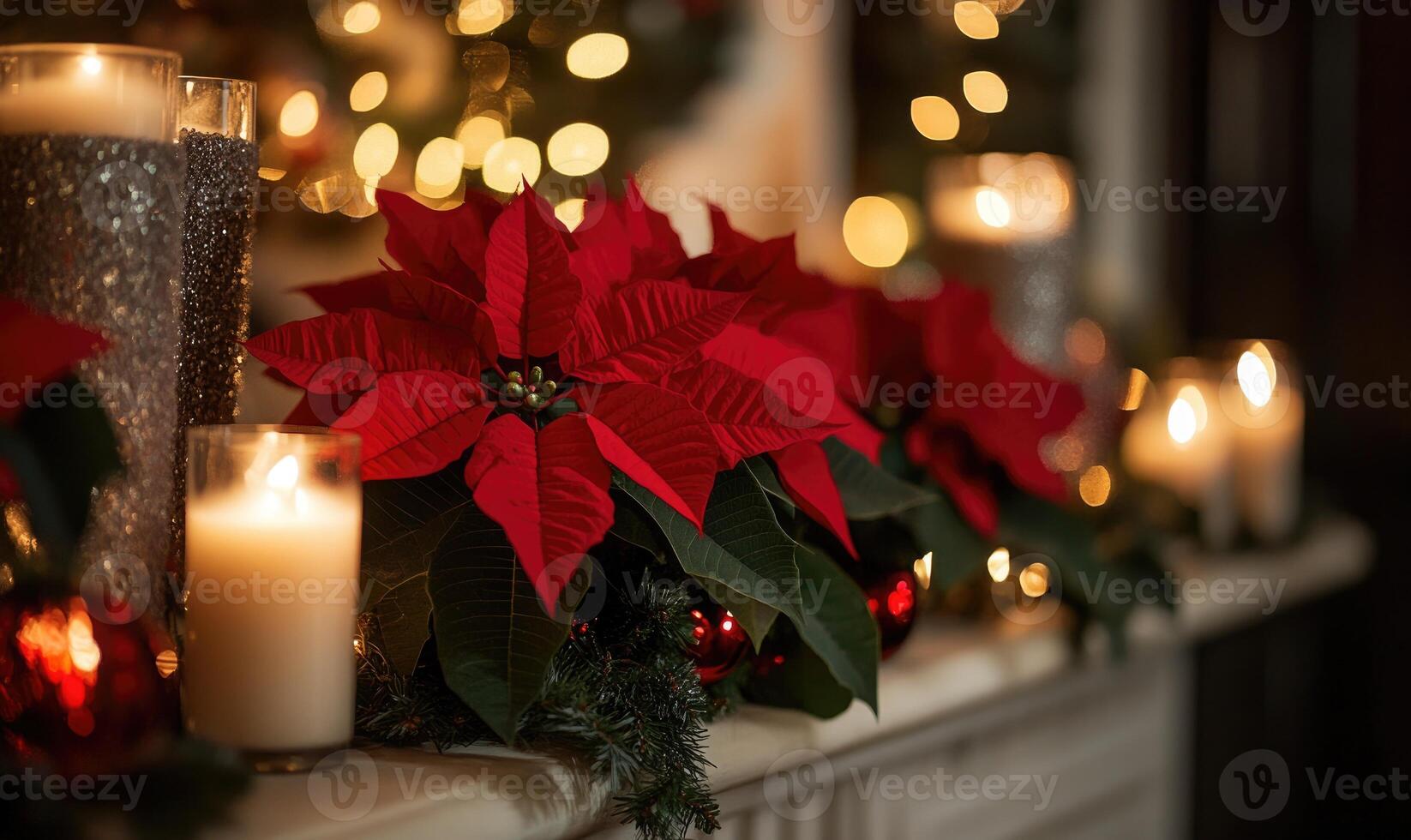 A red poinsettia plant sits on a mantle next to candles photo