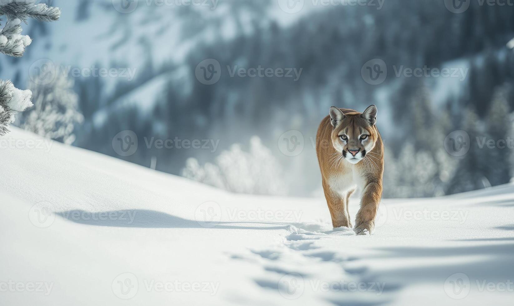 A brown and white cat is walking through the snow photo