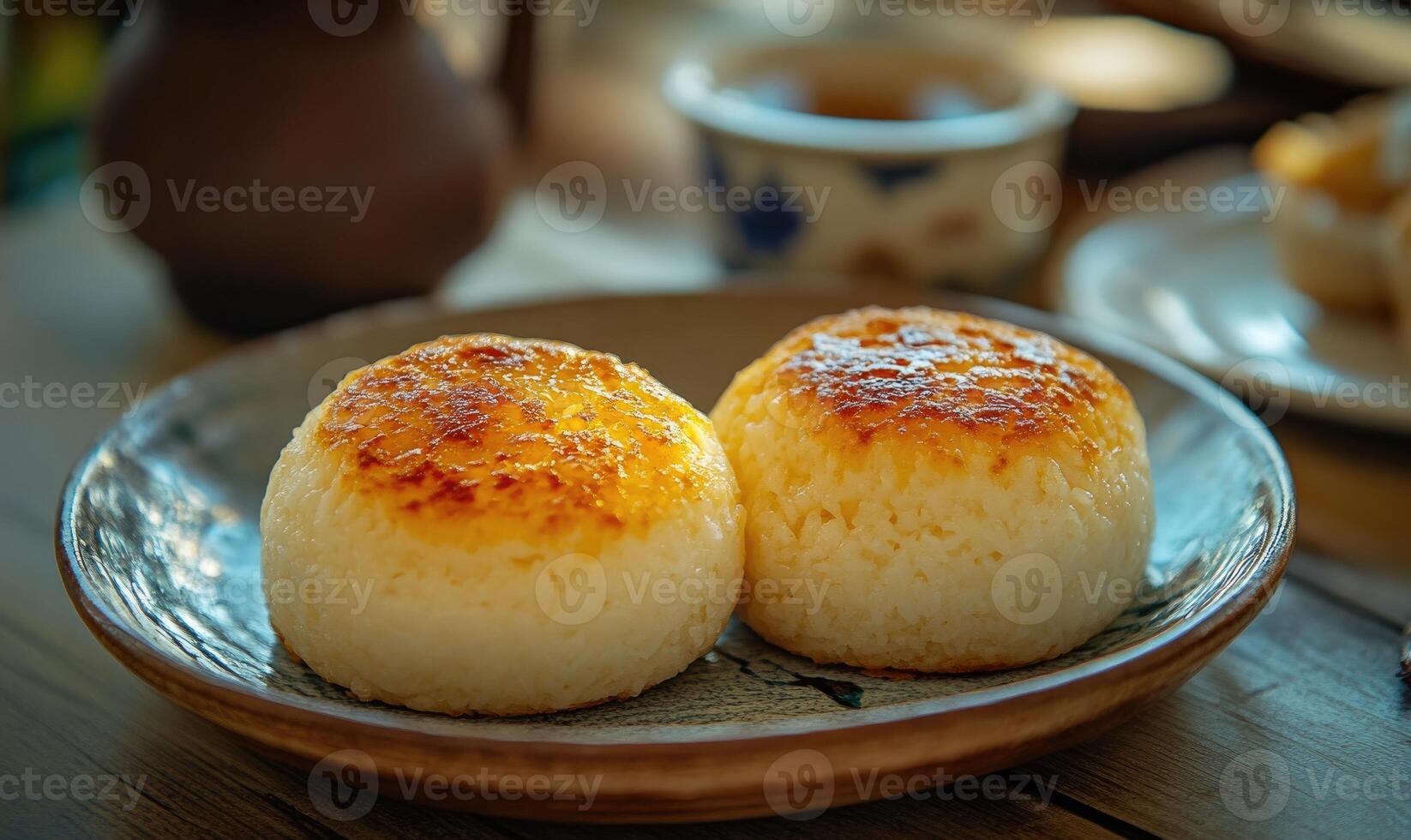 Two rice cakes are on a plate, one of which is slightly burnt photo
