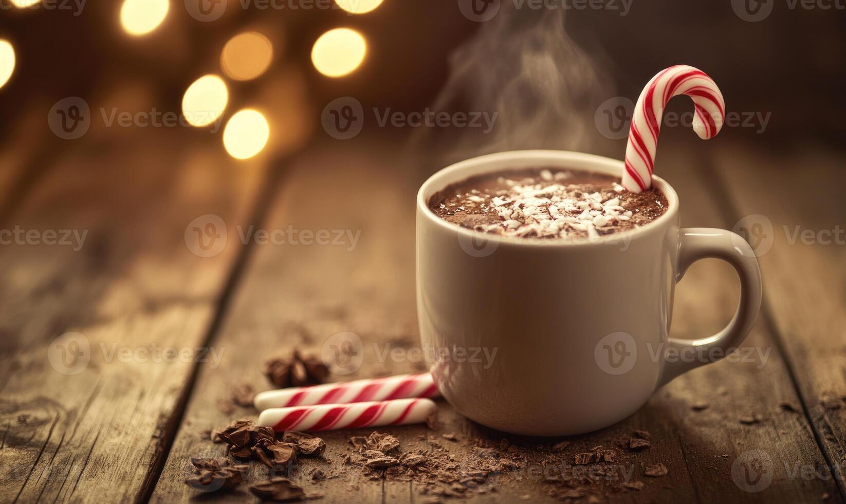 A mug of hot chocolate with two red and white straws in it photo