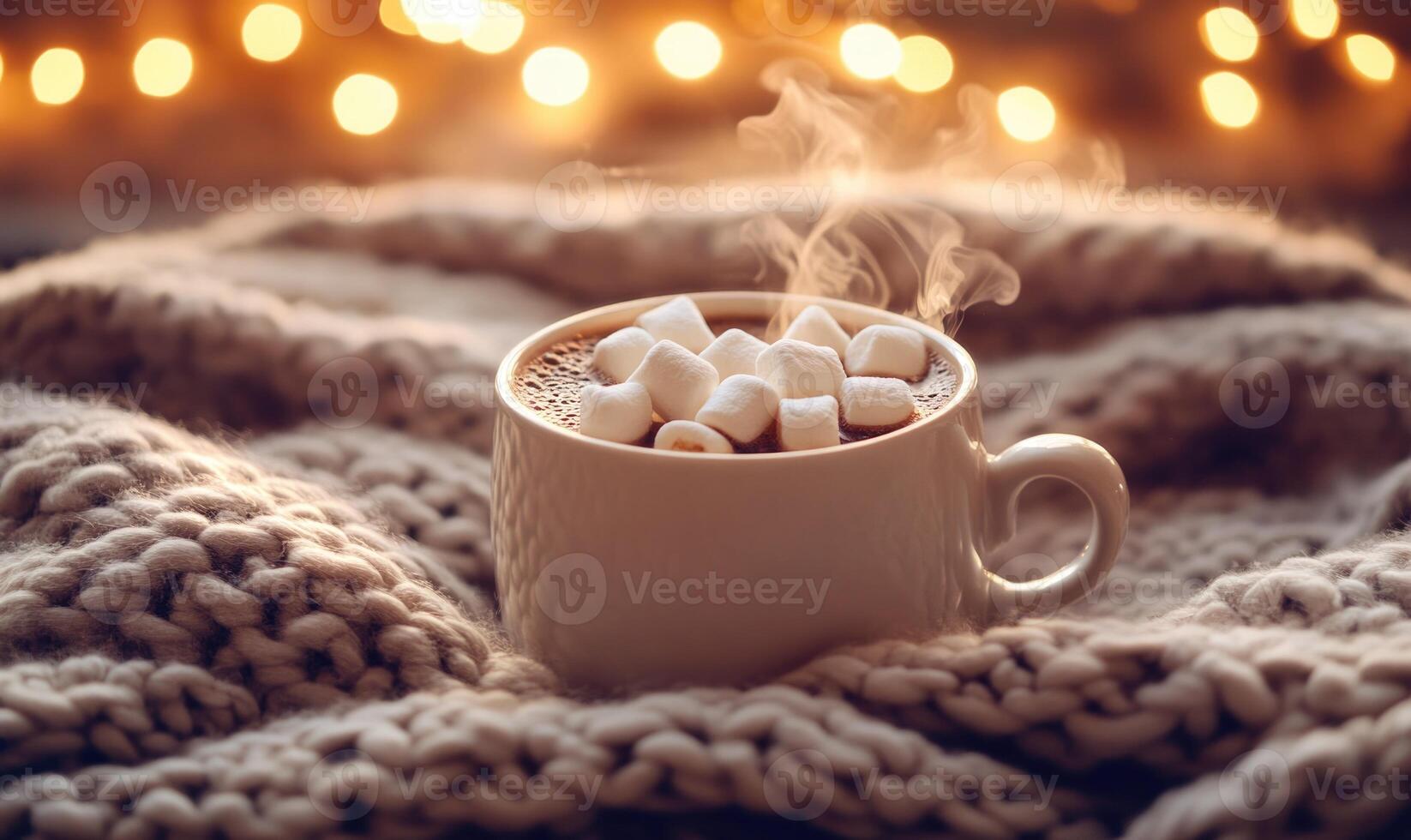 A white mug with marshmallows in it sits on a blanket photo